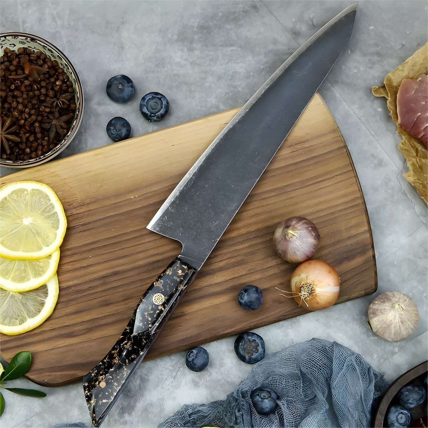 Damaščanski kuhinjski nož KU-37427 - Kiritsuke / Crna / Zlatna KP37427