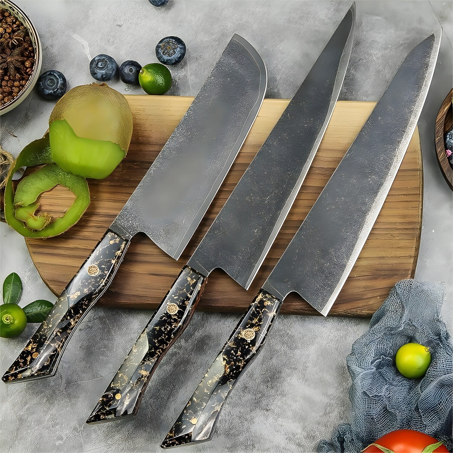 Set damaškovih kuhinjskih noževa KU-37428 – Crna / Zlatna KP37428