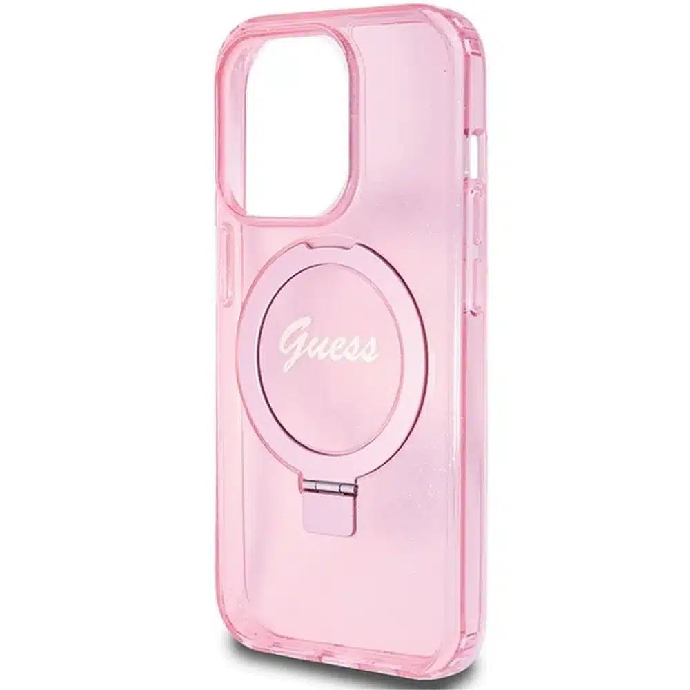Originalna torbica GUESS Hardcase GUHMP15XHRSGSP za iPhone 15 Pro Max (Magsafe / bleščeč logotip / stojalo z obročkom / roza)
