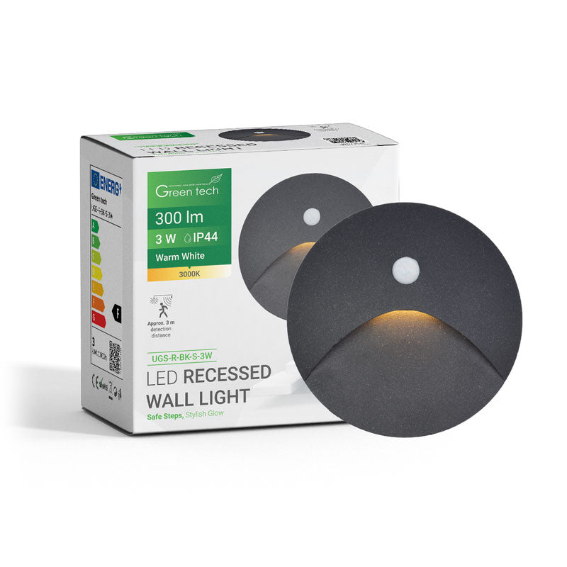 LED ugradna zidna svjetiljka sa senzorom Green Tech 3W, 3000K IP44, crna