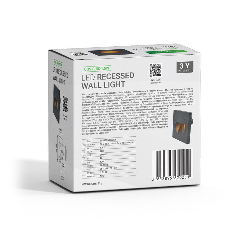 LED ugradna zidna svjetiljka Green Tech 1,5W, 3000K IP20, crna