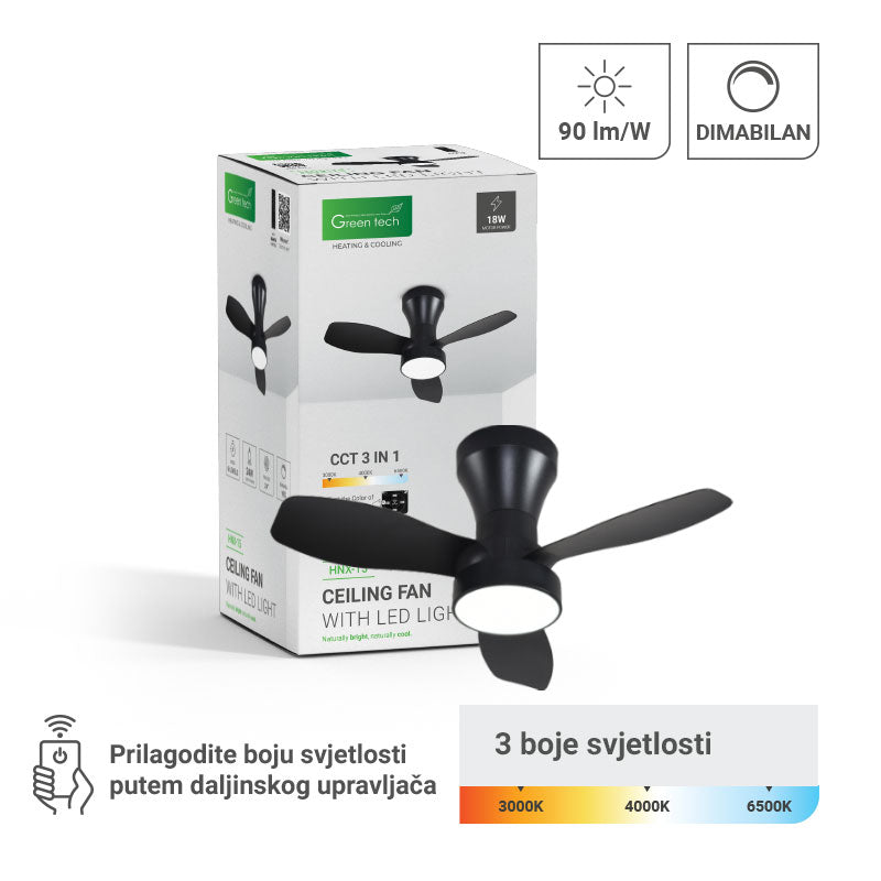 Stropni ventilator sa svjetiljkom Green Tech, 24", 18W, 3CCT, crni