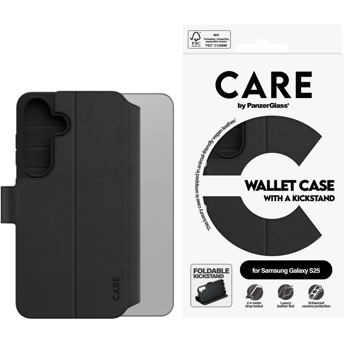 PanzerGlass CARE by ® Feature Wallet Case w. Kickstand Samsung Galaxy S25 maska za mobitel Poklopac Crno