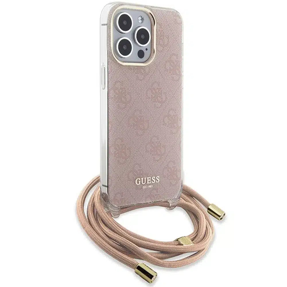 Originalna trda torbica GUESS GUHCP15XHC4SEP za iPhone 15 Pro Max (naramnica 4G tisk / roza)