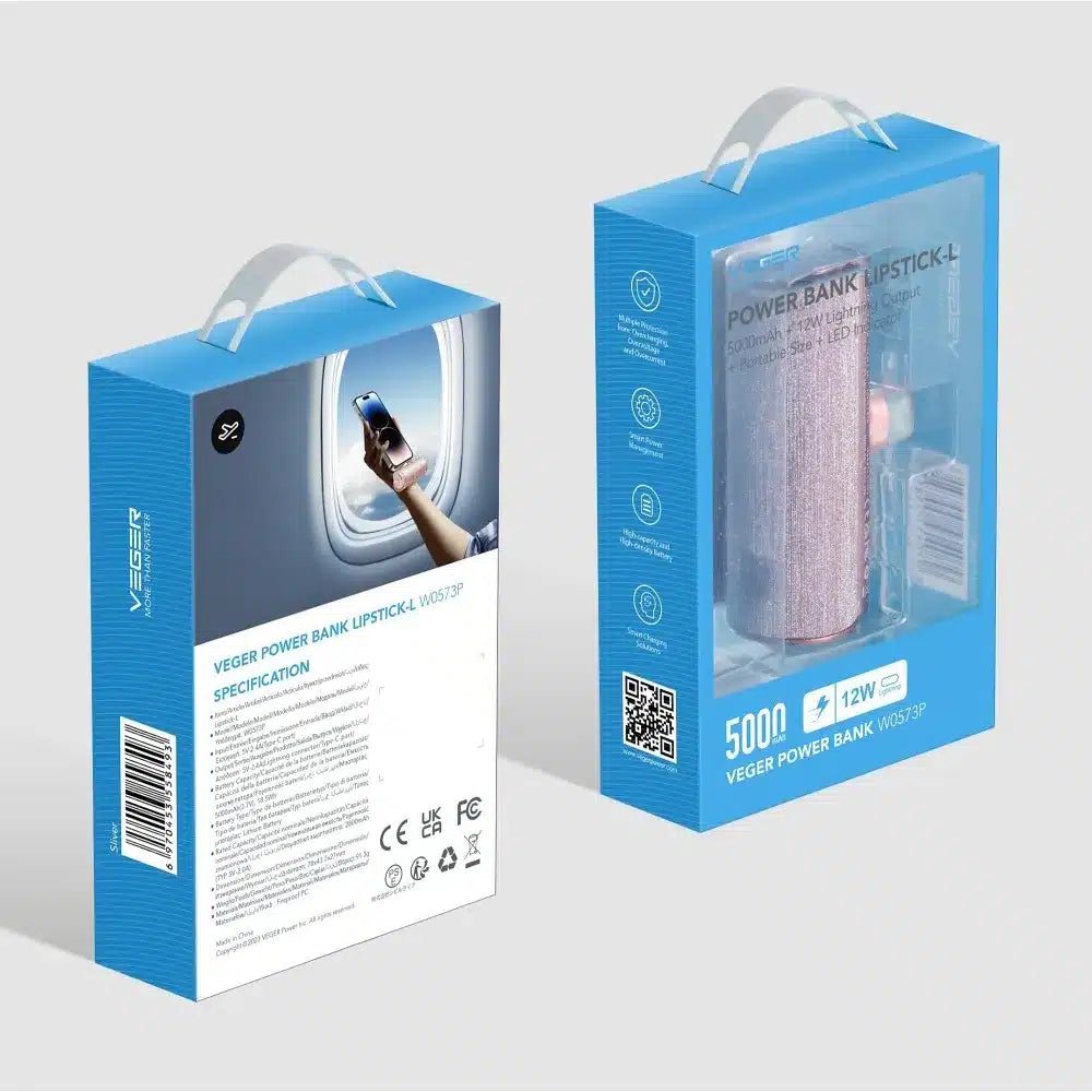 VEGER powerbank 5.000 mAh z vgrajenim priključkom Lightning PD QC3.0 PlugOn - roza