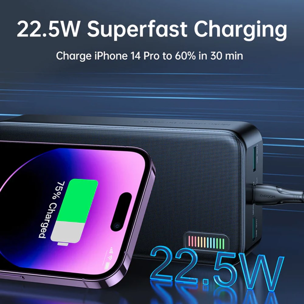JoyRoom - Power Bank Dazzling Series (JR-QP196) - 2xUSB- Type-C- Micro-USB- LED za preverjanje baterije- 22.5W- 30000mAh - črna