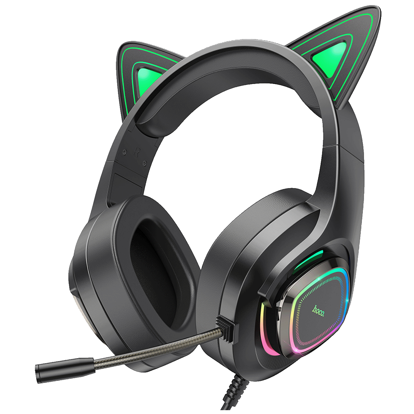 hoco. Slušalke z mikrofonom, gaming, USB/3.5 mm, LED - W107 Cute Cat Black/Green