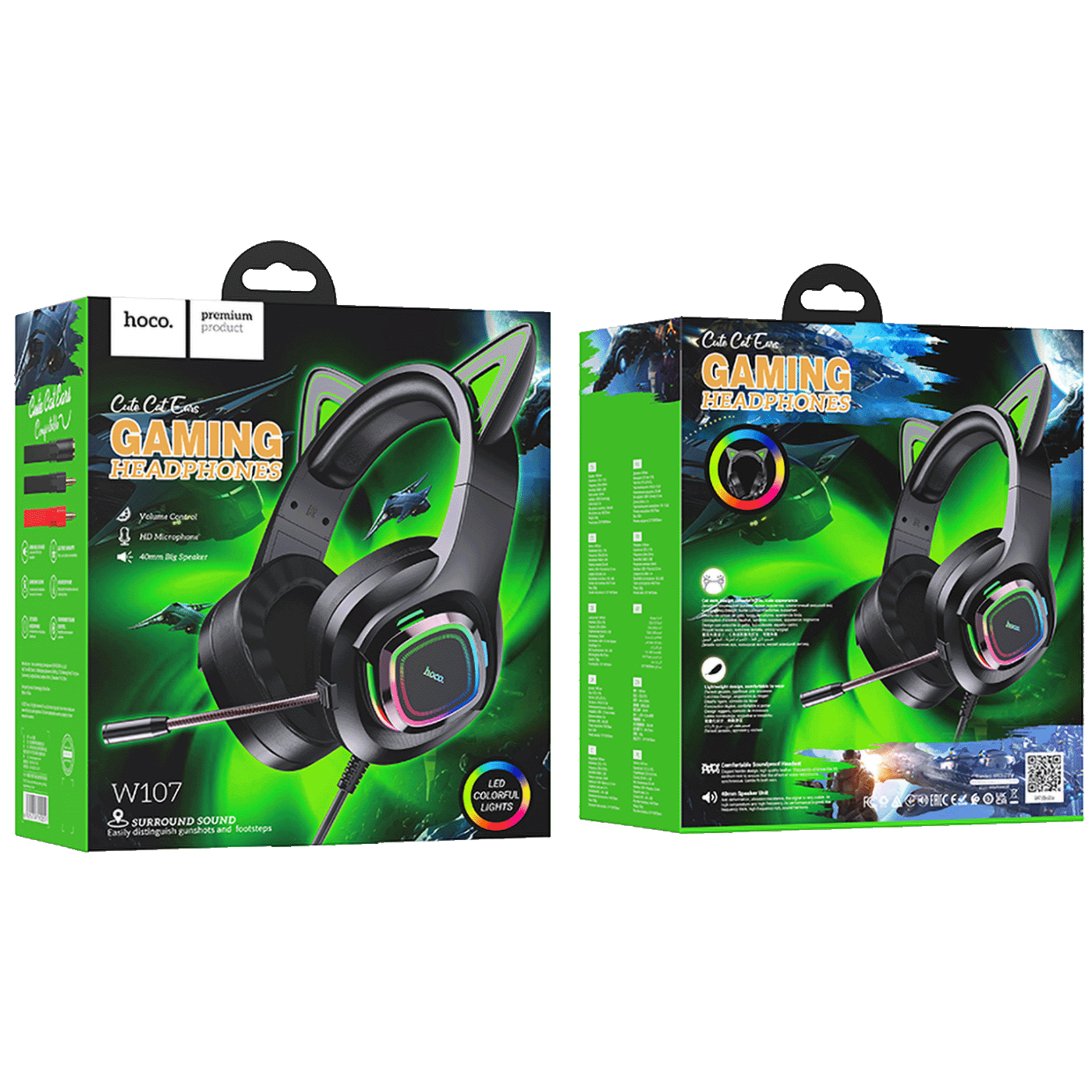 hoco. Slušalke z mikrofonom, gaming, USB/3.5 mm, LED - W107 Cute Cat Black/Green