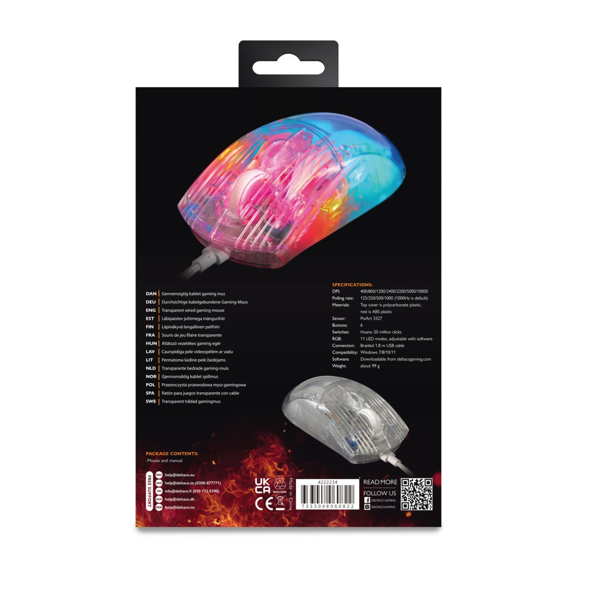 DELTACO GAMING Miš DM330, Transparentan RGB, USB