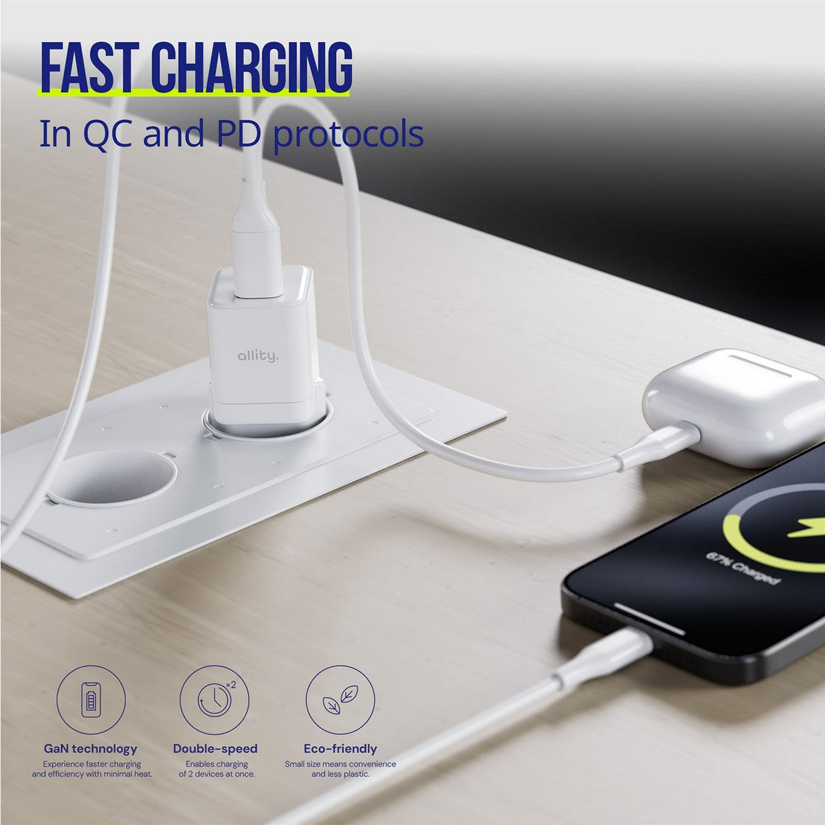 ALLITY zidni punjač GaN PD QC ATC-01-20WAC 1x USB-C 1x USB-A 20W bijeli