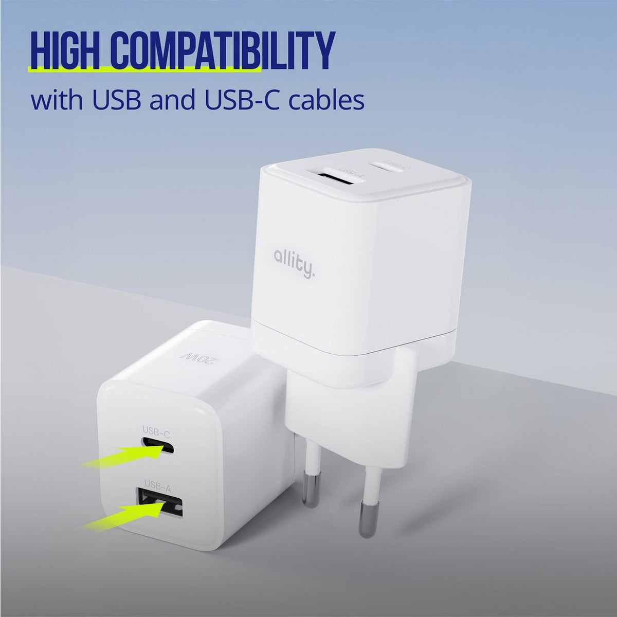 ALLITY zidni punjač GaN PD QC ATC-01-20WAC 1x USB-C 1x USB-A 20W bijeli