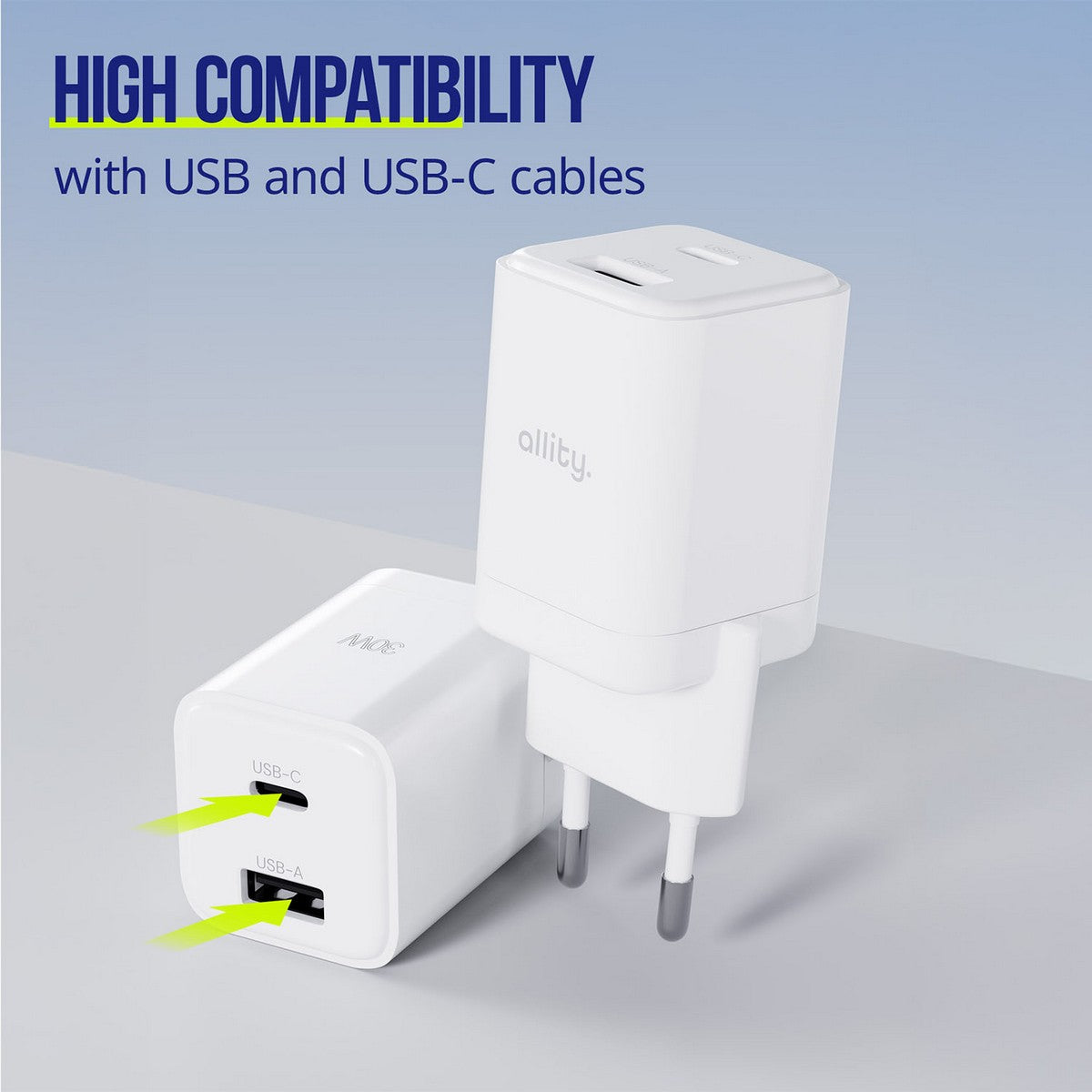ALLITY zidni punjač GaN PD QC ATC-01-30WAC 1x USB-C 1x USB-A 30W bijeli