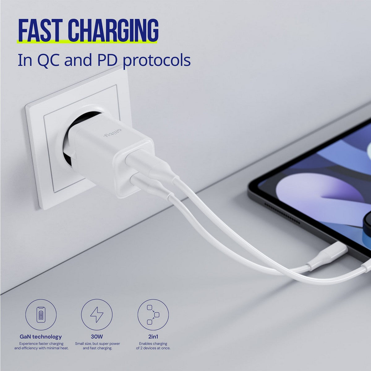 ALLITY zidni punjač GaN PD QC ATC-01-30WAC 1x USB-C 1x USB-A 30W bijeli