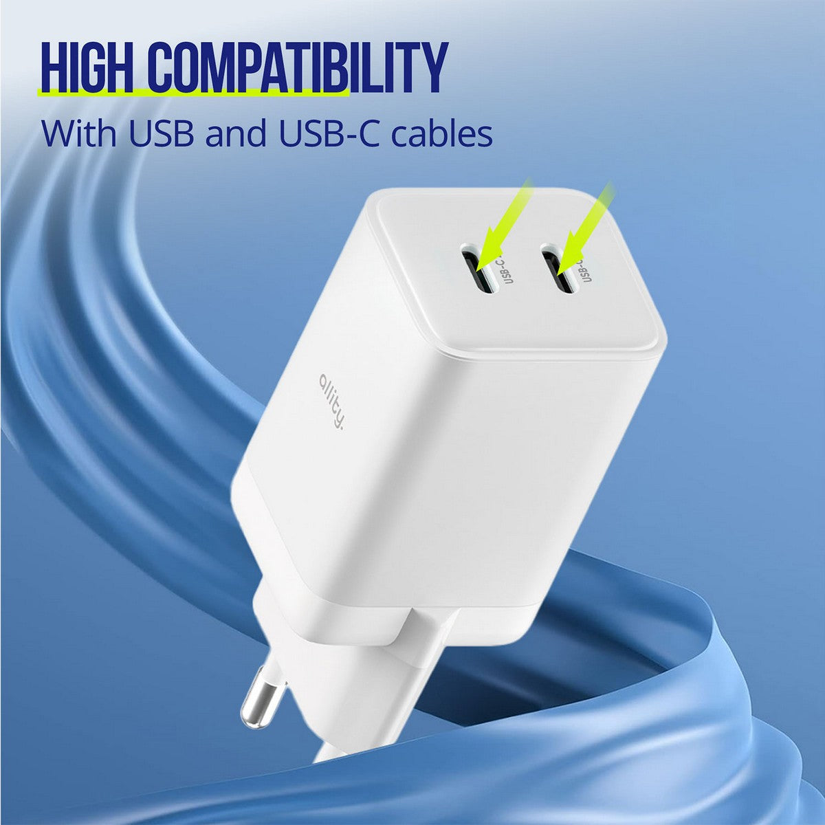 ALLITY zidni punjač GaN PD QC ATC-01-45WAC 1x USB-C 1x USB-A 45W bijeli