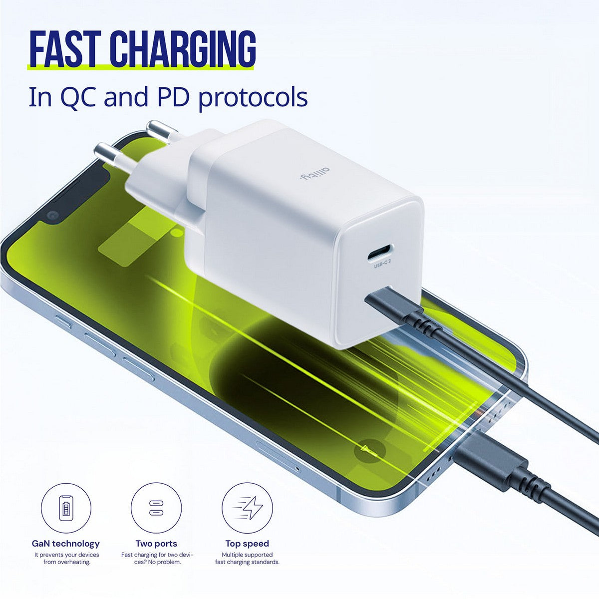 ALLITY zidni punjač GaN PD QC ATC-01-45WAC 1x USB-C 1x USB-A 45W bijeli