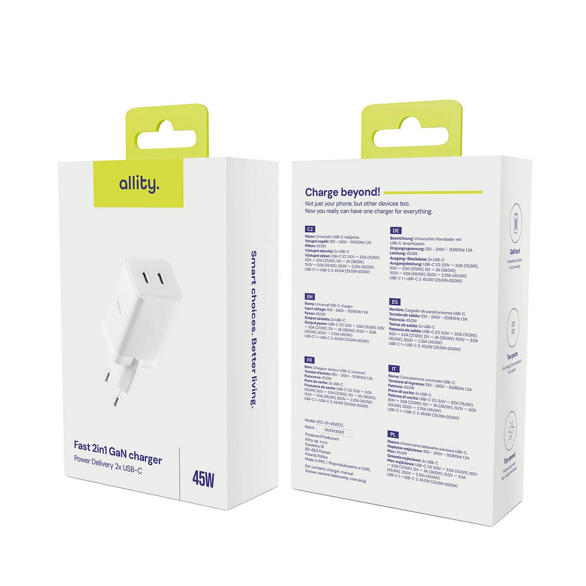 ALLITY zidni punjač GaN PD QC ATC-01-45WAC 1x USB-C 1x USB-A 45W bijeli