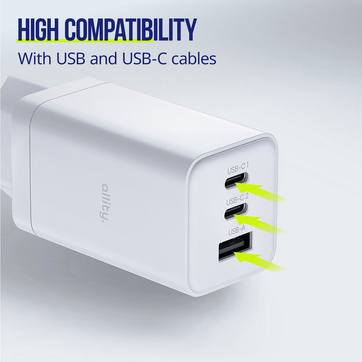 ALLITY zidni punjač GaN PD QC ATC-01-65WACC 2x USB-C 1x USB-A 65W bijeli