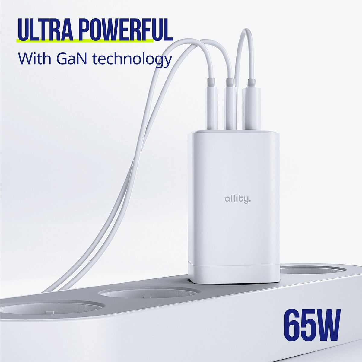ALLITY zidni punjač GaN PD QC ATC-01-65WACC 2x USB-C 1x USB-A 65W bijeli