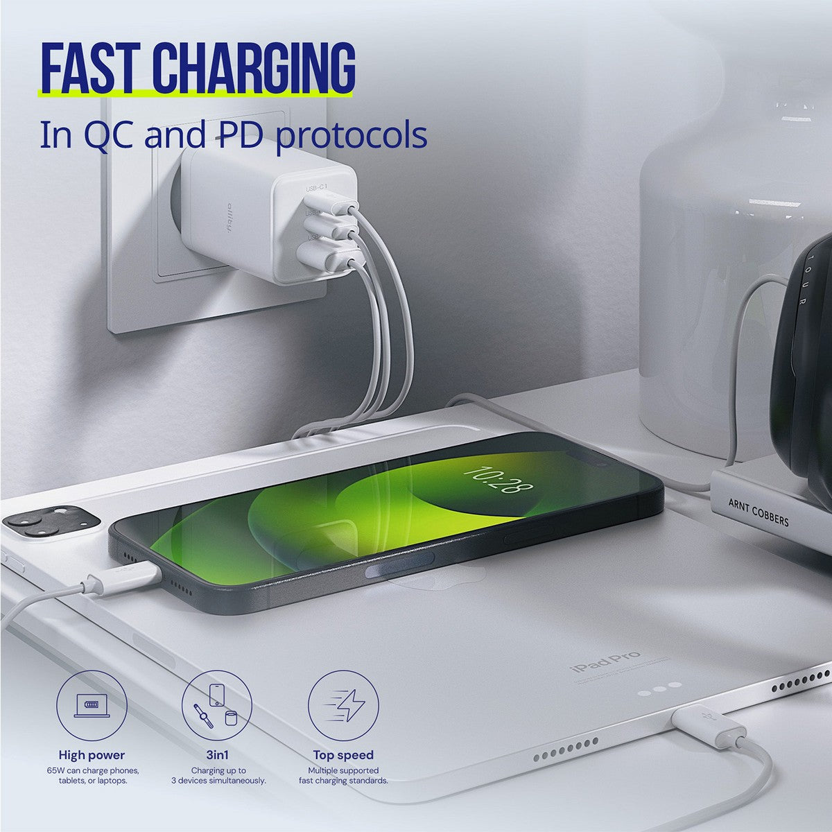 ALLITY zidni punjač GaN PD QC ATC-01-65WACC 2x USB-C 1x USB-A 65W bijeli