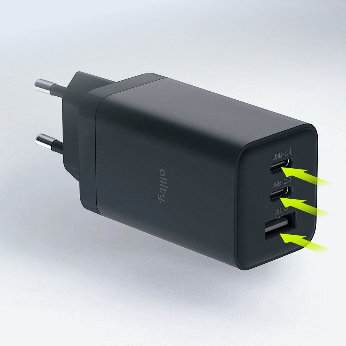 ALLITY zidni punjač GaN PD QC ATC-01-65WACC 2x USB-C 1x USB-A 65W crni
