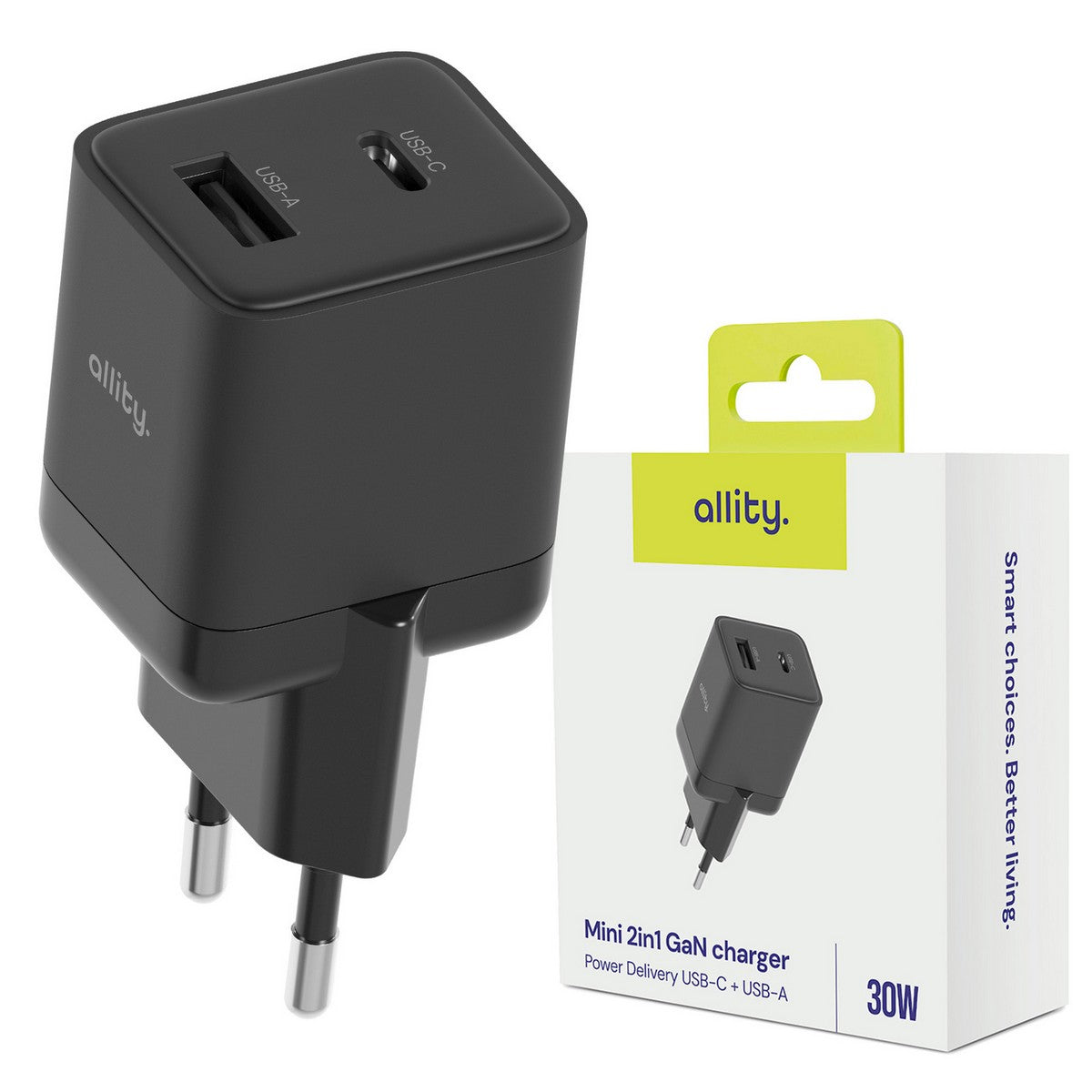 ALLITY zidni punjač GaN PD QC ATC-01-30WAC 1x USB-C 1x USB-A 30W crni