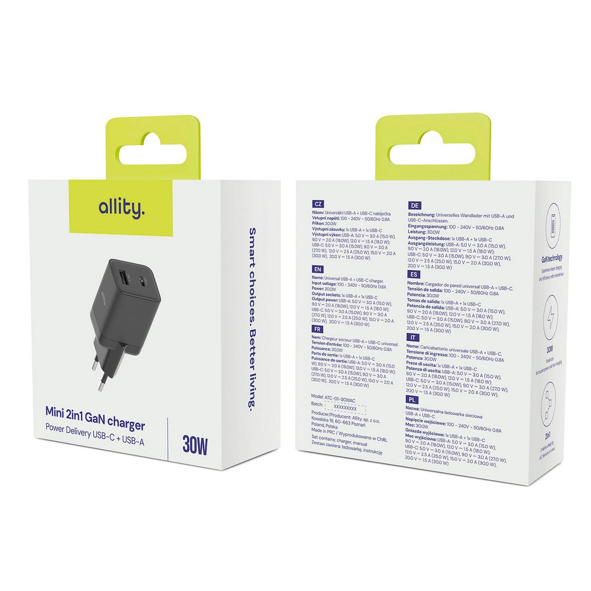 ALLITY zidni punjač GaN PD QC ATC-01-30WAC 1x USB-C 1x USB-A 30W crni
