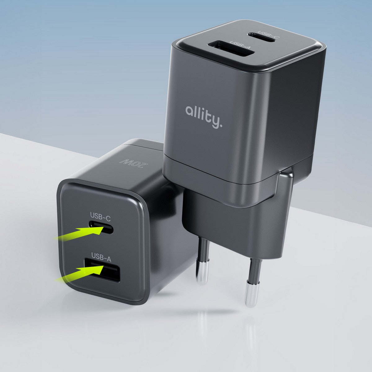 ALLITY zidni punjač GaN PD QC ATC-01-20WAC 1x USB-C 1x USB-A 20W crni