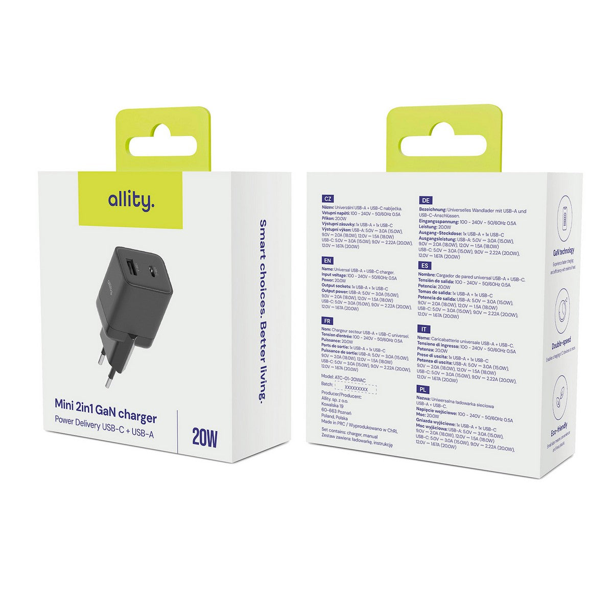 ALLITY zidni punjač GaN PD QC ATC-01-20WAC 1x USB-C 1x USB-A 20W crni