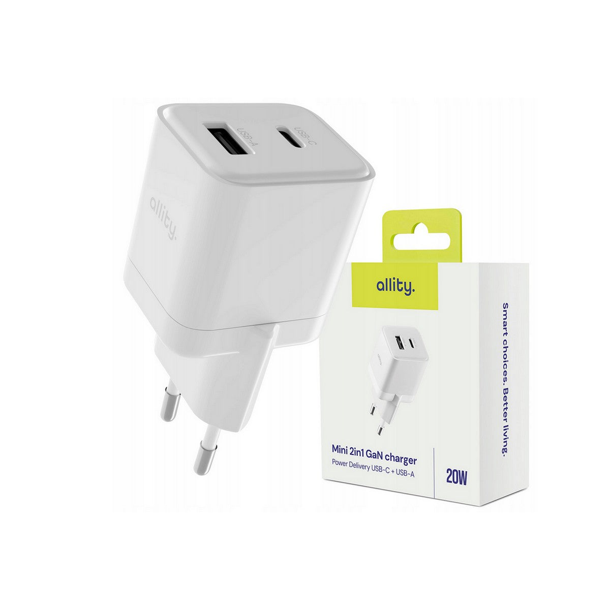 ALLITY zidni punjač GaN PD QC ATC-01-20WAC 1x USB-C 1x USB-A 20W bijeli