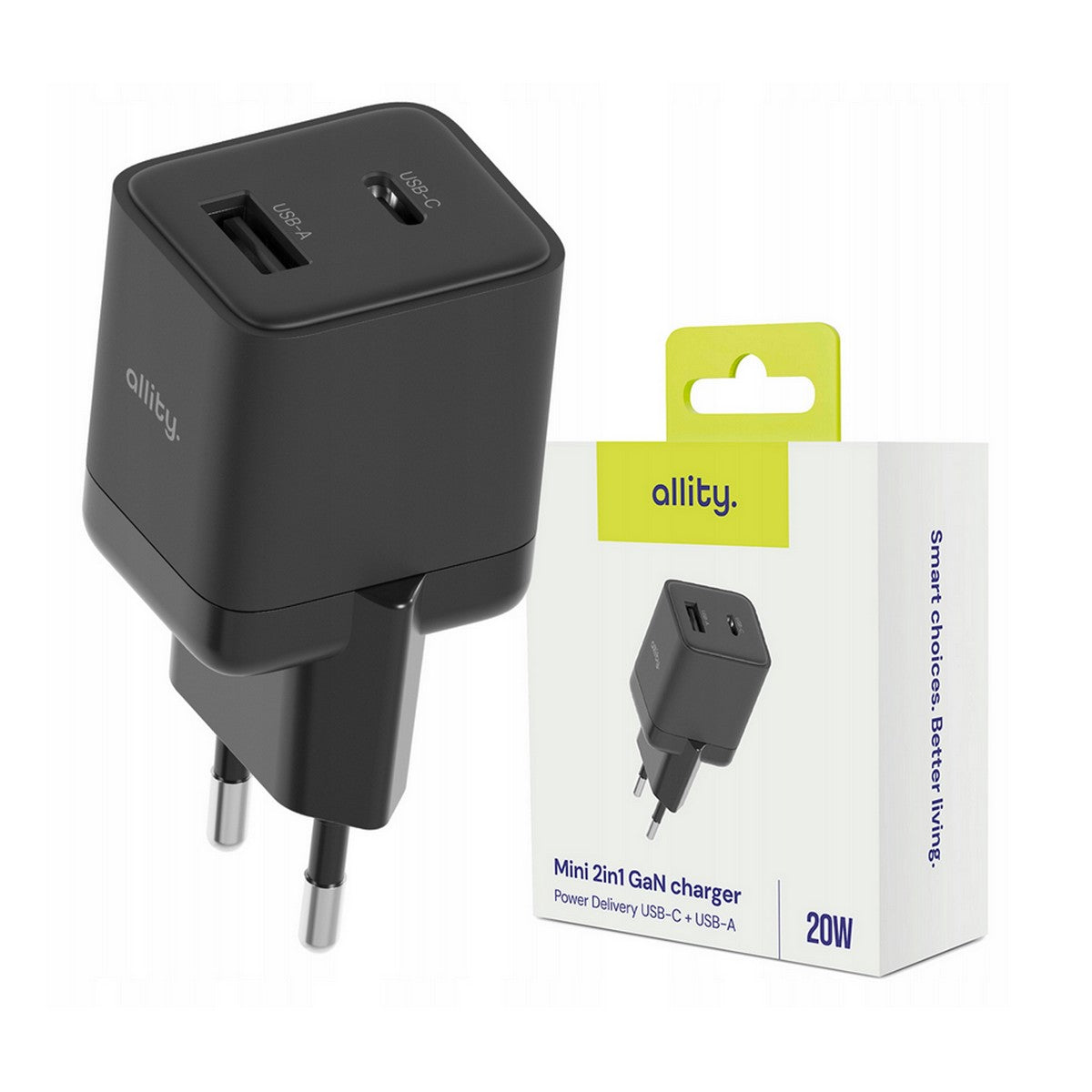 ALLITY zidni punjač GaN PD QC ATC-01-20WAC 1x USB-C 1x USB-A 20W crni
