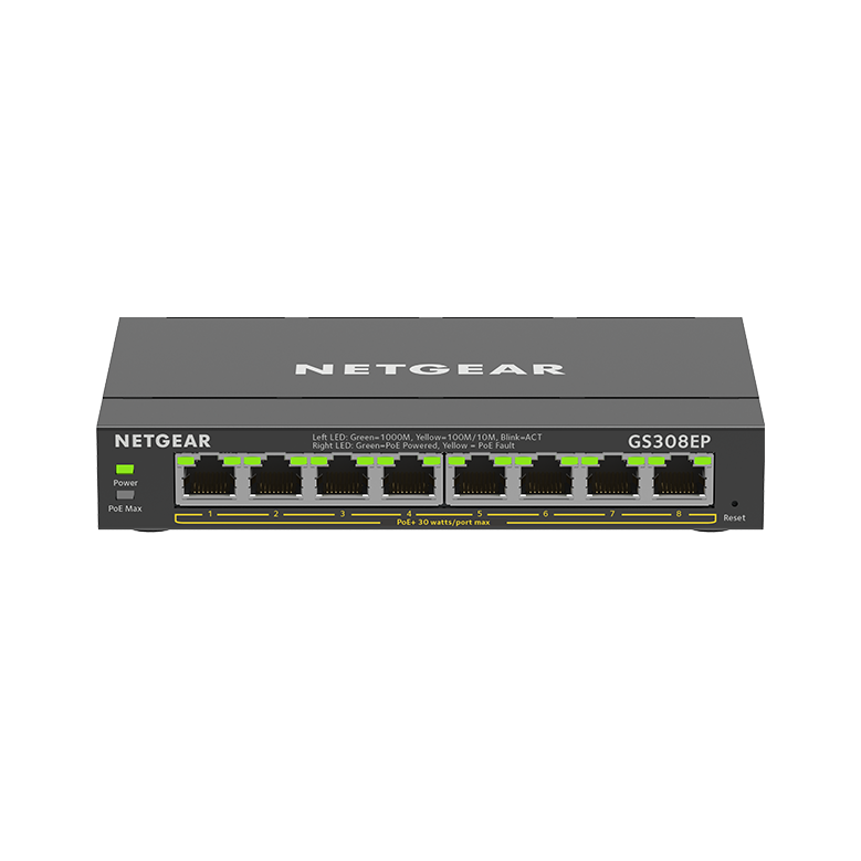 NETGEAR 8-Port Gigabit Ethernet PoE+ Plus Switch (GS308EP) Upravljano L2/L3 Gigabit Ethernet (10/100/1000) Podrška za napajanje putem Etherneta (PoE) Crno