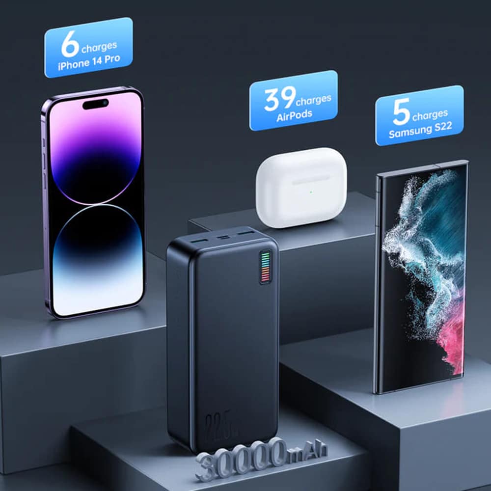 JoyRoom - Power Bank Dazzling Series (JR-QP196) - 2xUSB- Type-C- Micro-USB- LED za preverjanje baterije- 22.5W- 30000mAh - črna