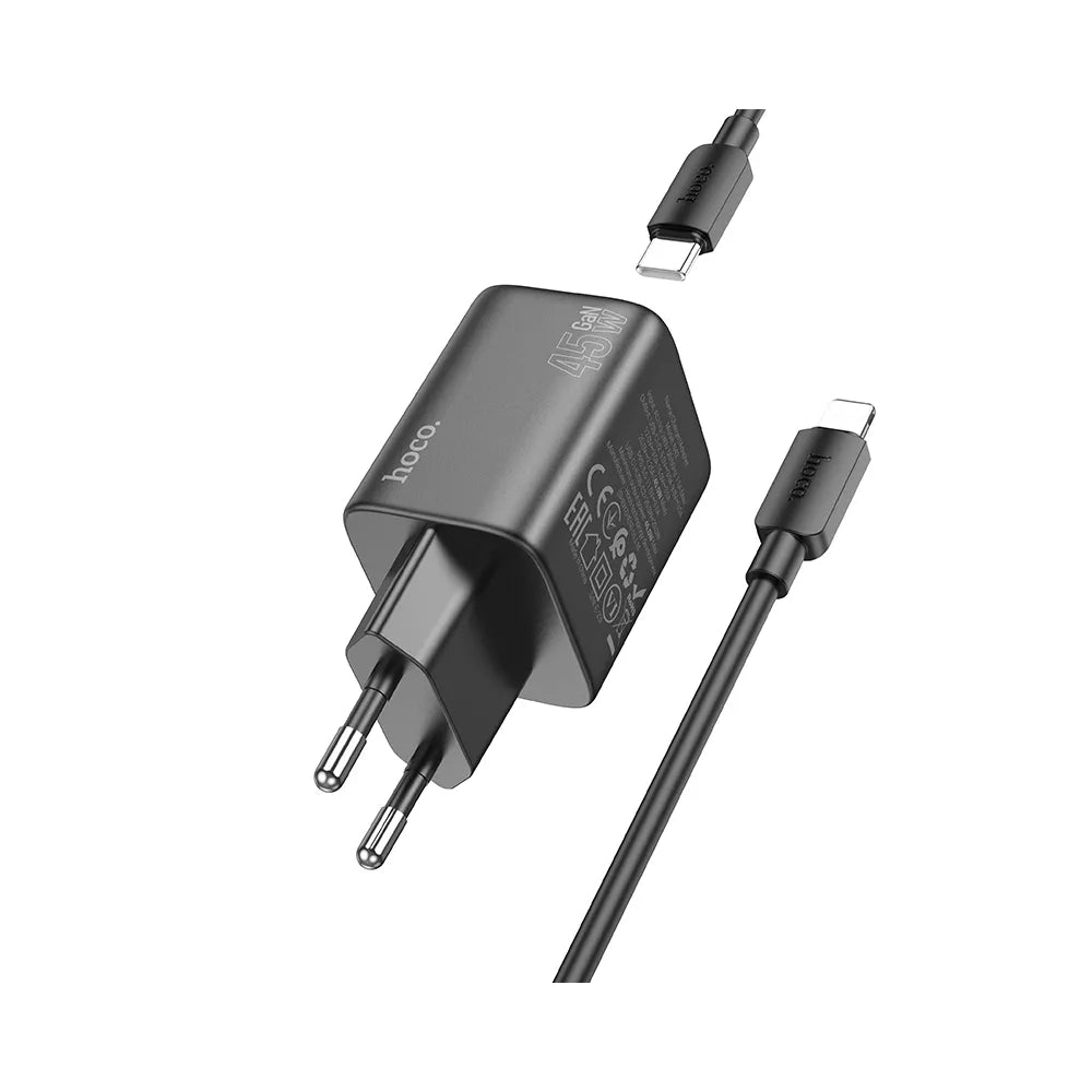 HOCO stenski polnilec 2 x tip C + kabel tip C do Lightning PD QC 45W GaN N42 črn