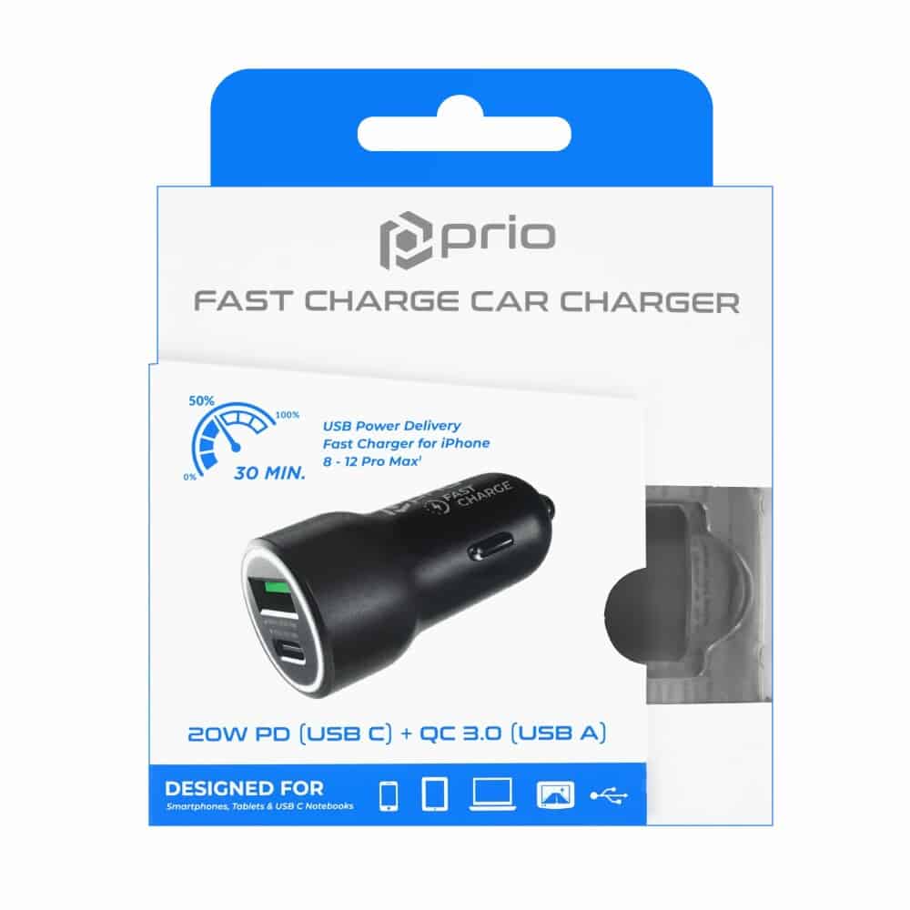 Prio Fast Charge avtomobilski polnilec 20W PD (USB C) + QC 3.0 (USB A) črn