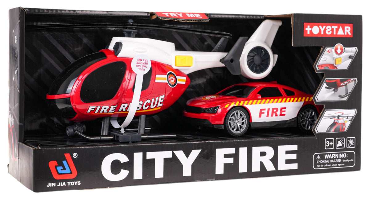 Helicopter + Fire Department Car Set