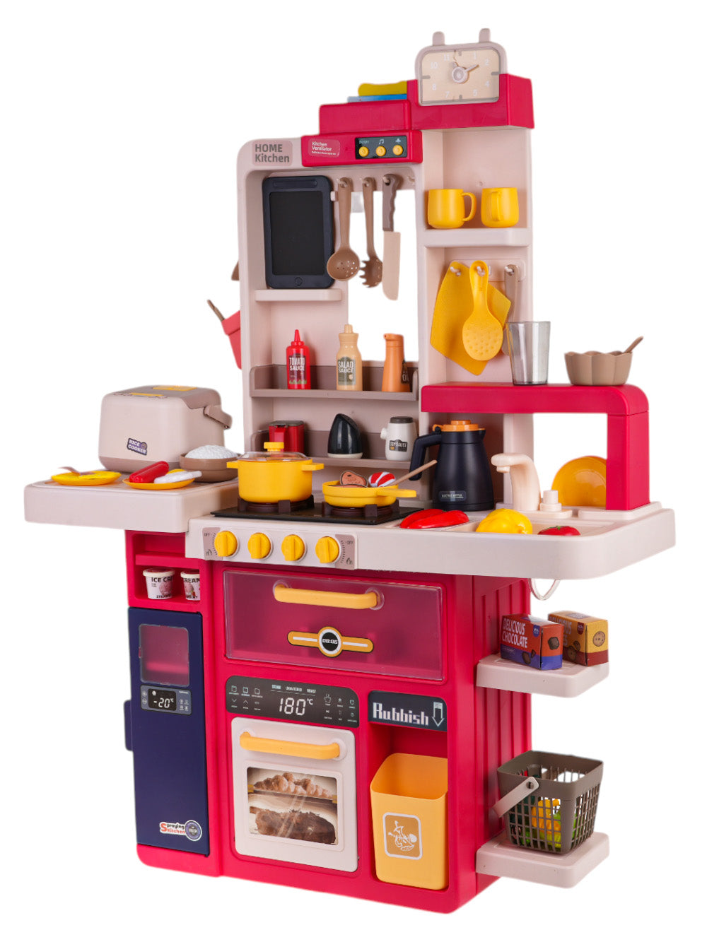 Dječja kuhinja za igru Kitchenette sa zvučnim svjetlosnim i vodenim efektima - 80 elemenata - crvena