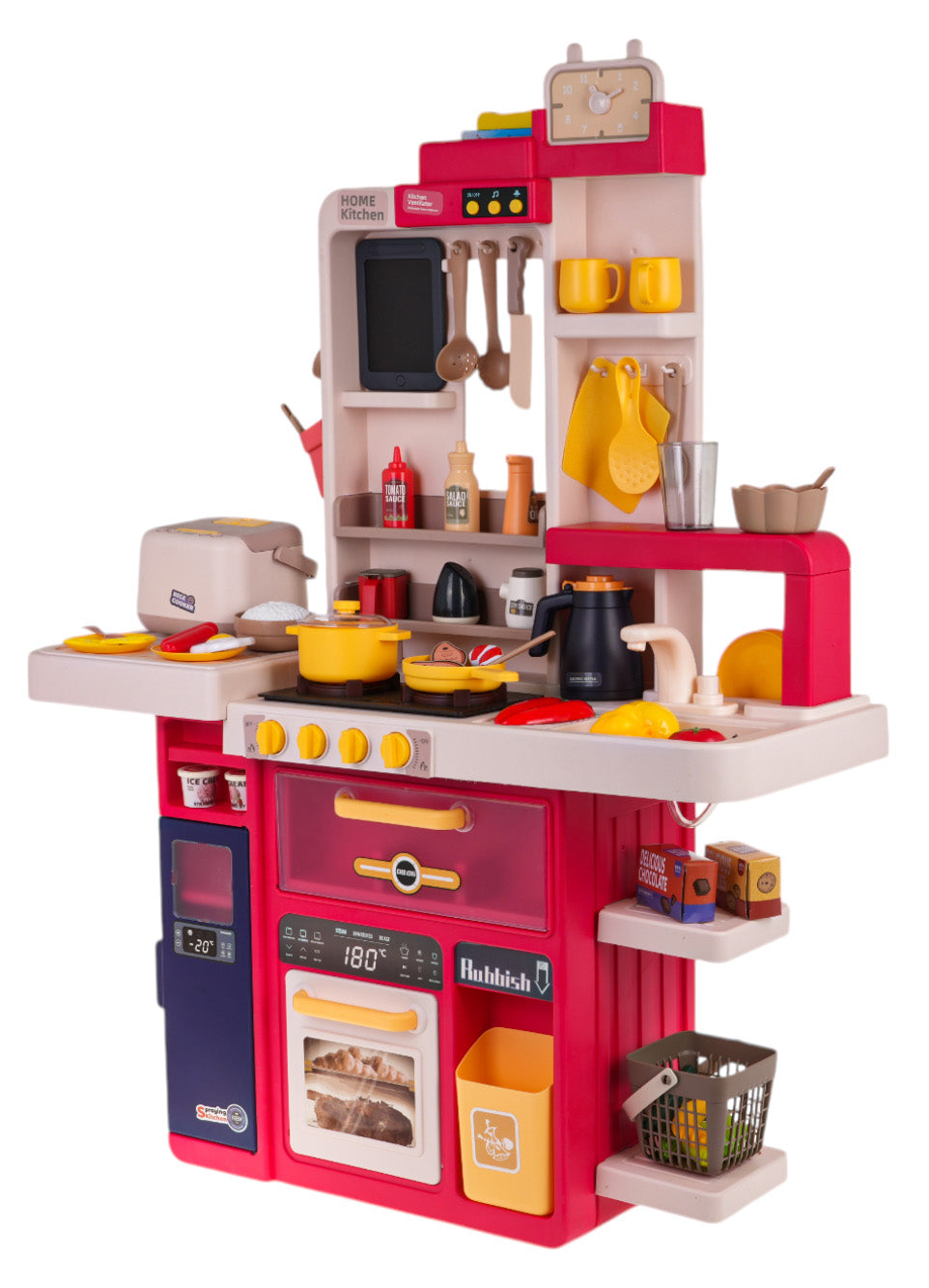 Dječja kuhinja za igru Kitchenette sa zvučnim svjetlosnim i vodenim efektima - 80 elemenata - crvena
