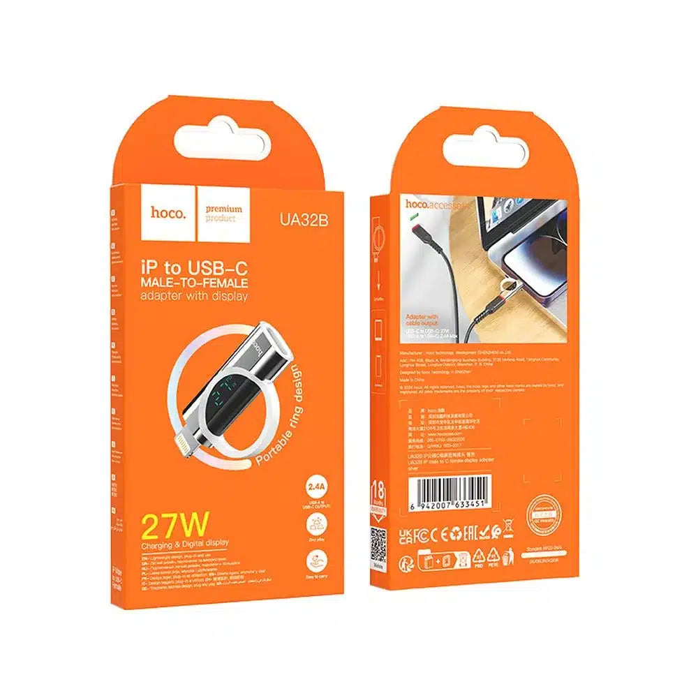 HOCO Lightning (moški) na Type-C (ženski) adapter z zaslonom 2.4A 27W UA32B srebrn