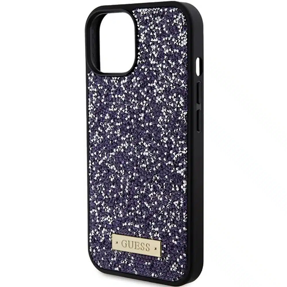 Originalna torbica GUESS Hardcase GUHCP15SPFGSBSP za iPhone 15 (kovinski logotip z okrasnimi kamni / svetlo roza)