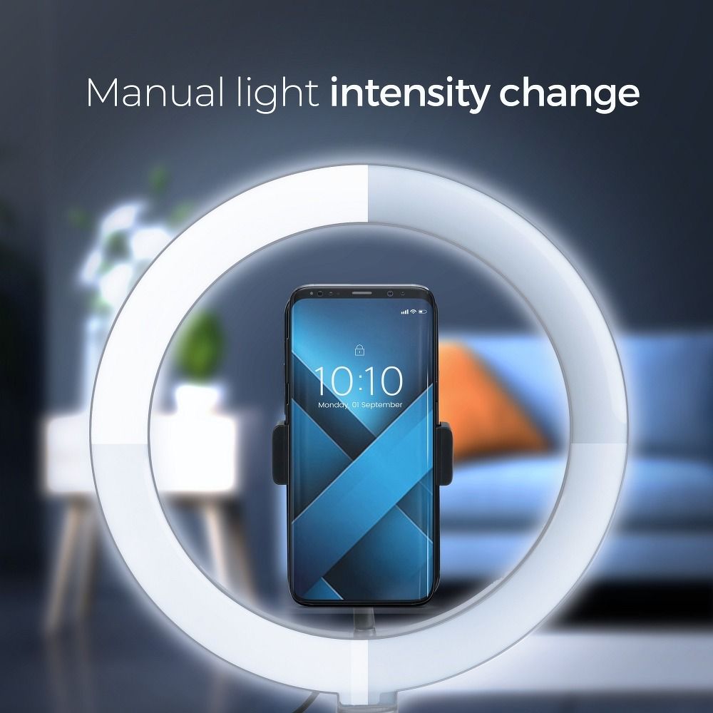 LED Ring Stream RGB svetilka 26cm z nosilcem za mobilni telefon + stativ črna