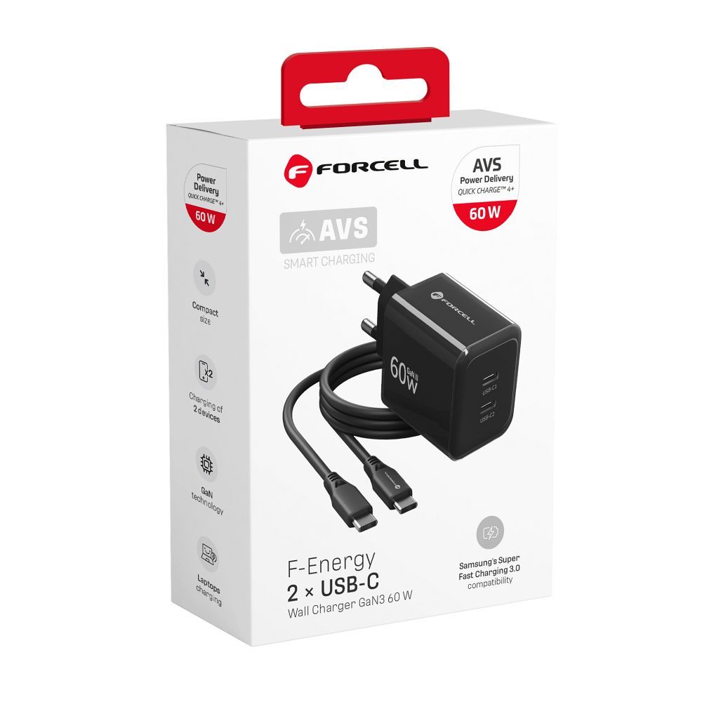 Punjač za telefon Forcell F-Energy GaN III 2x USB-C AVS SSFC3.0 60 W + kabel USB-C na USB-C
