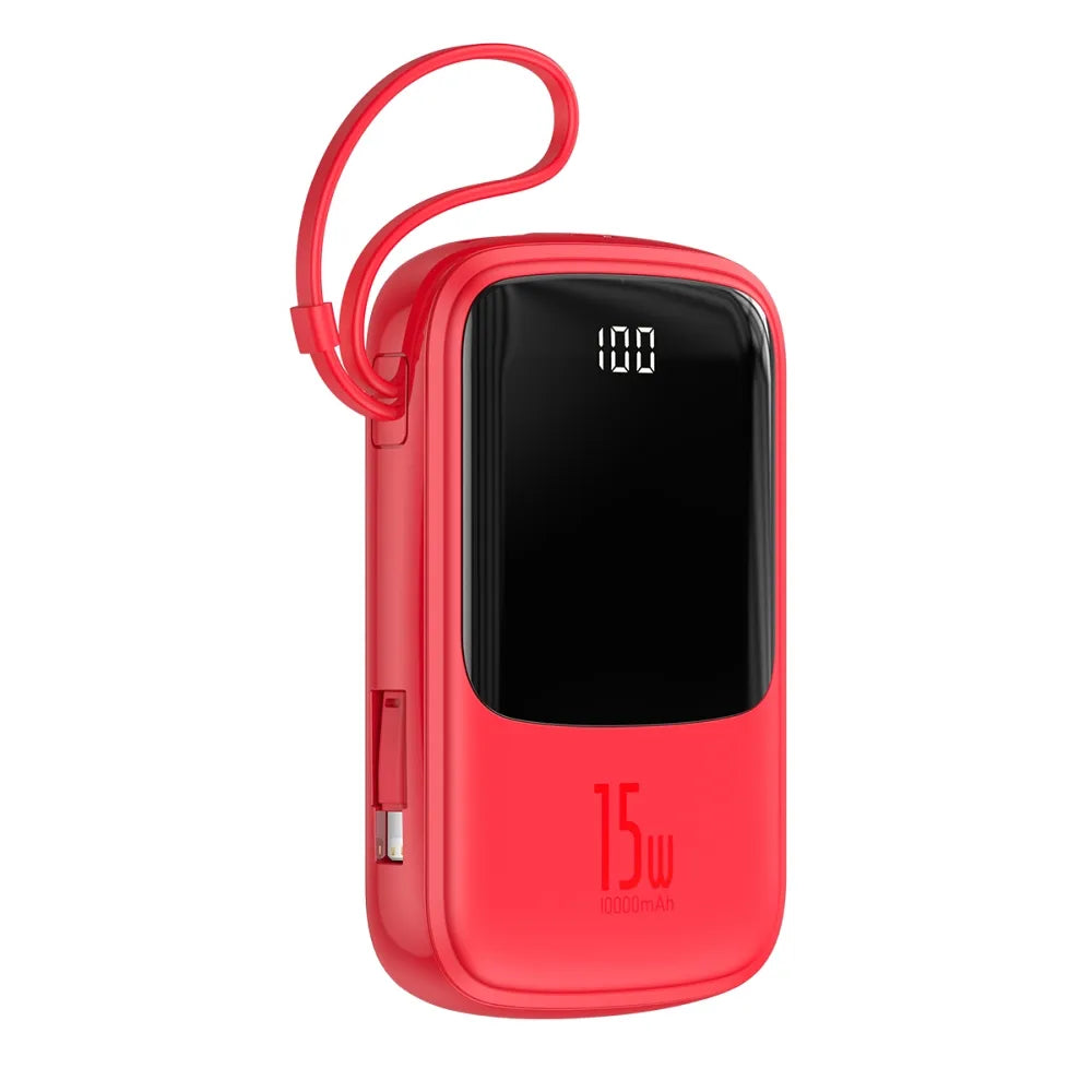 Power Bank BASEUS QPow - 10.000 mAh LCD Quick Charge PD 15 W s kablom za Lightning 8-pin, rdeč, PPQD-B09