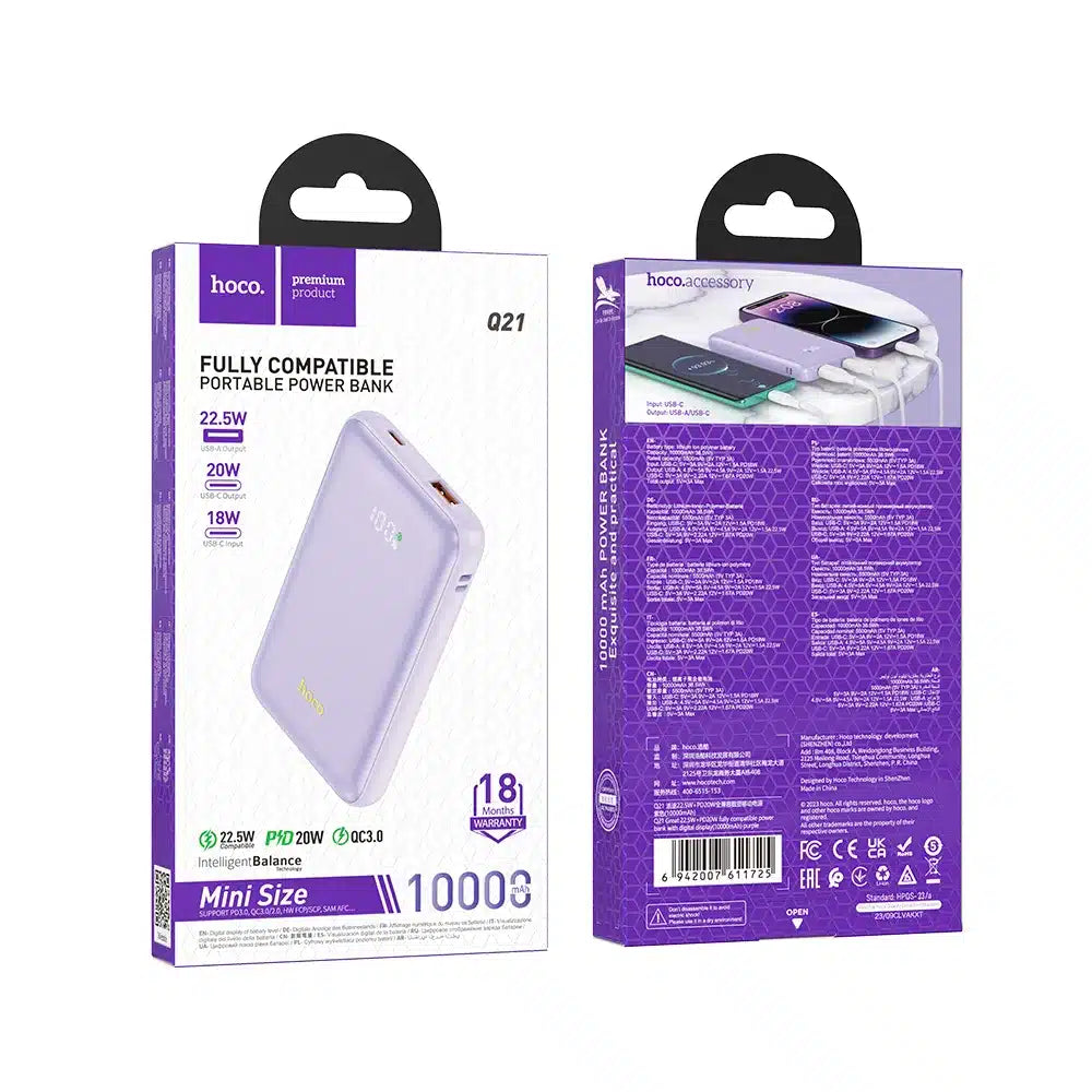 HOCO powerbank 10.000 mAh PD QC3.0 3A 22.5W Q21 vijoličen