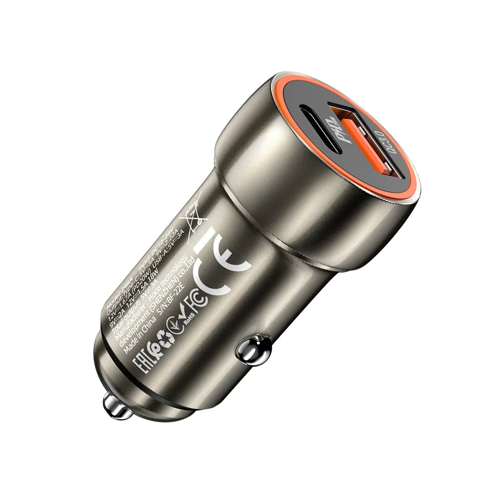 HOCO avtopolnilec Type C + USB QC3.0 Power Delivery 20W Z46A kovinsko siv