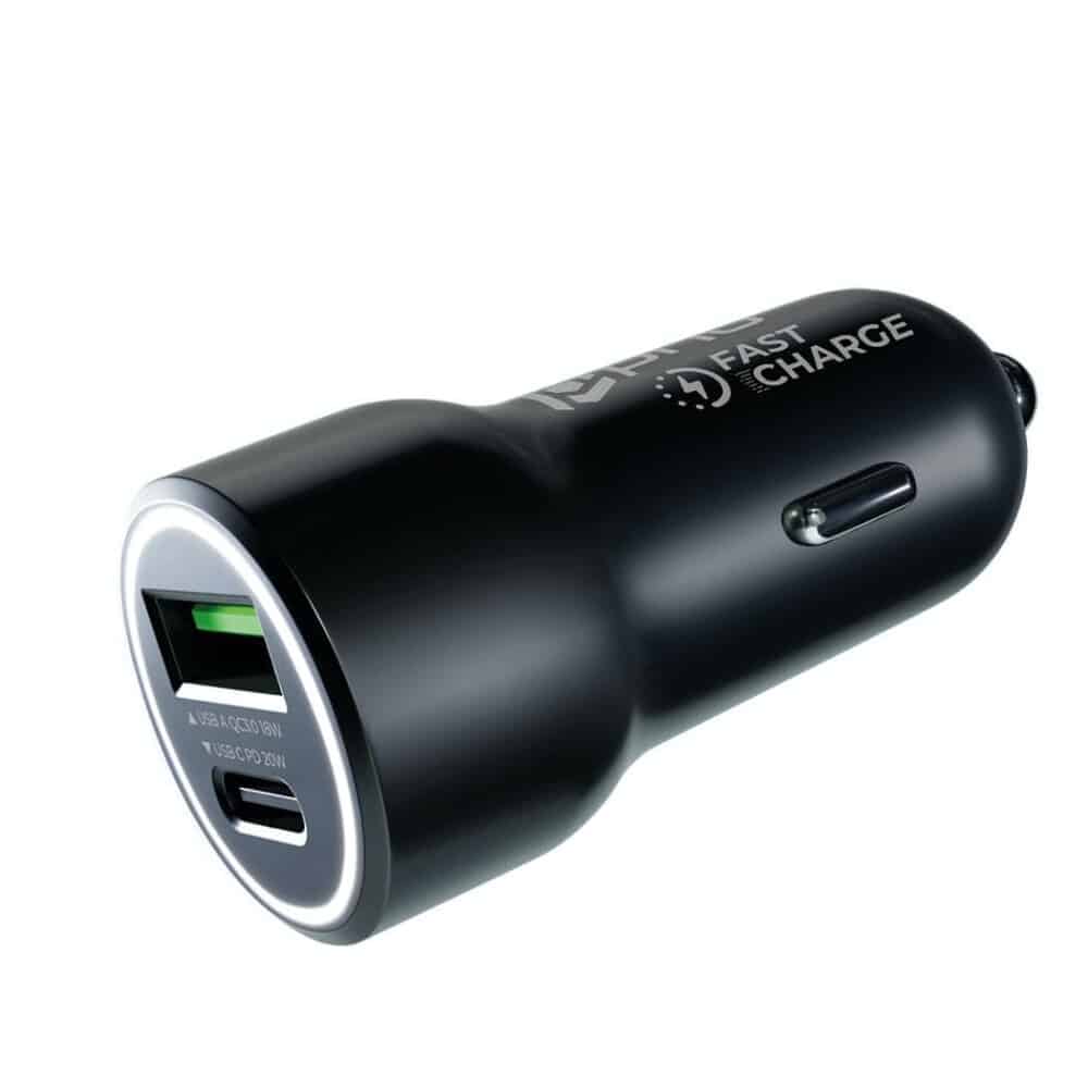 Prio Fast Charge avtomobilski polnilec 20W PD (USB C) + QC 3.0 (USB A) črn