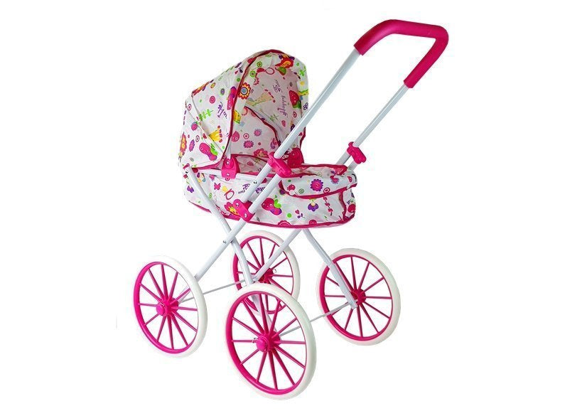 Retro kolica za lutke s velikim kotačima Flowers - bijela