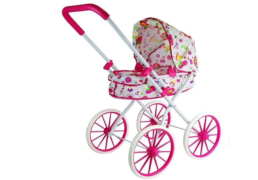 Retro kolica za lutke s velikim kotačima Flowers - bijela