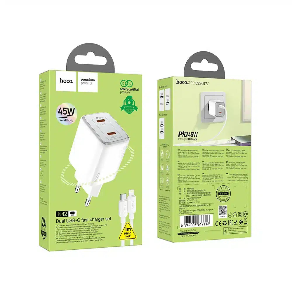 HOCO stenski polnilec 2 x tip C + kabel tip C na Lightning PD QC 45W GaN N42 bel
