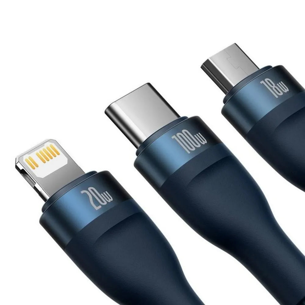 BASEUS USB kabel 3v1 Flash Series II USB A na Micro + Lightning 8-pin + Type C 100W 1.2m modri