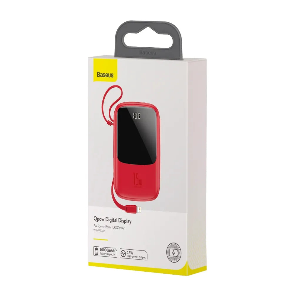 Power Bank BASEUS QPow - 10.000 mAh LCD Quick Charge PD 15 W s kablom za Lightning 8-pin, rdeč, PPQD-B09